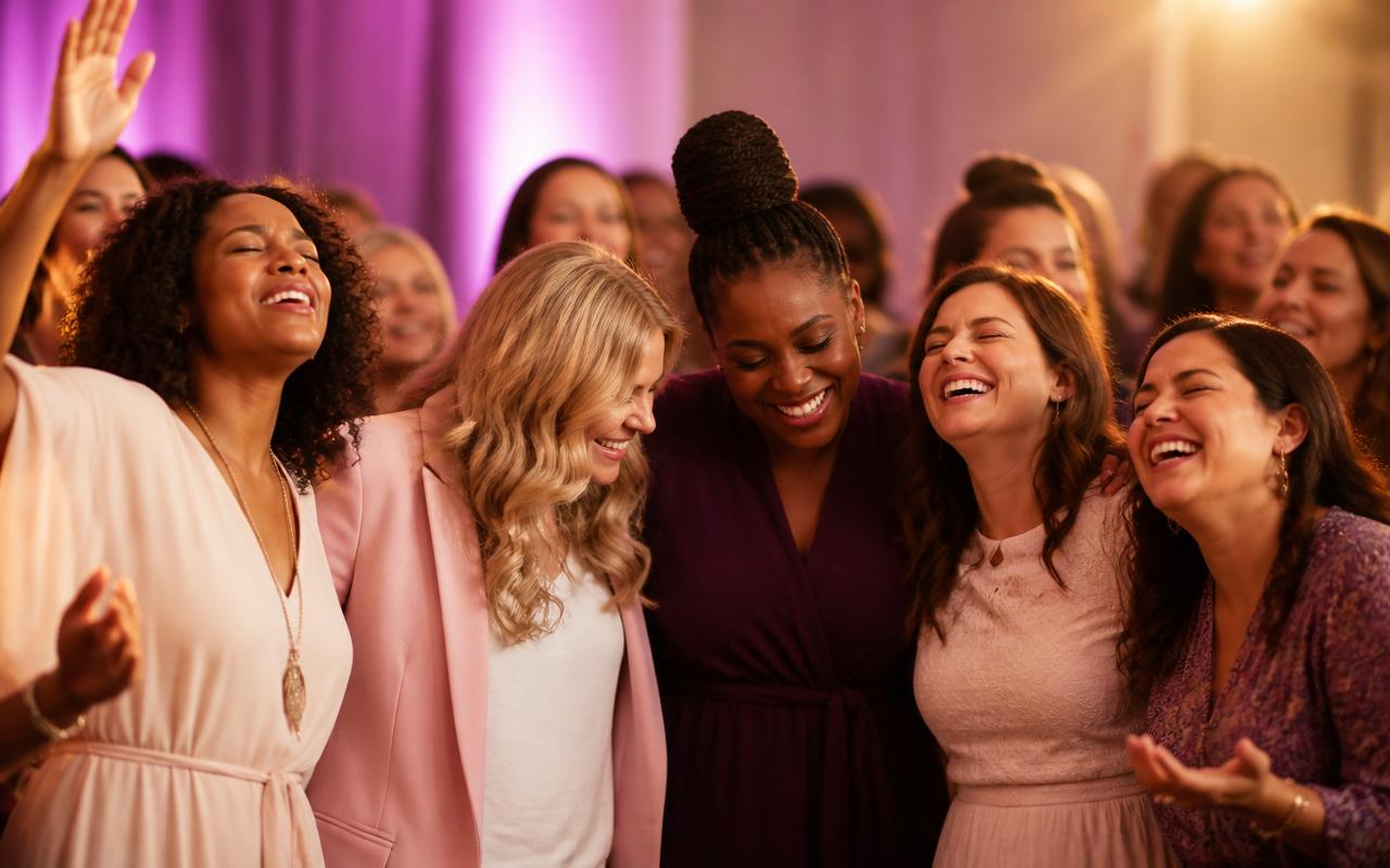 Happy women worshipping and laughing together at the Women's Summit
